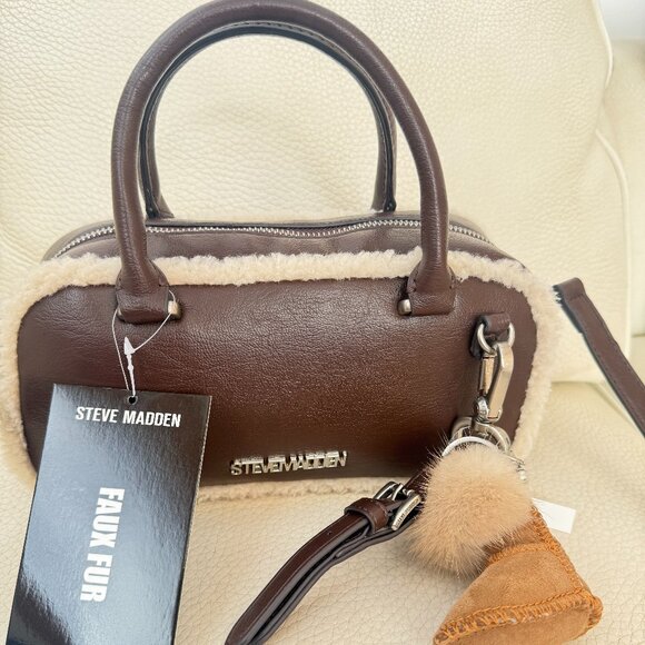NWT STEVE MADDEN BJEMMIE CROSSBODY BAG SATCHEL W BOOTS KEY RING CHARM BROWN - Picture 1 of 6